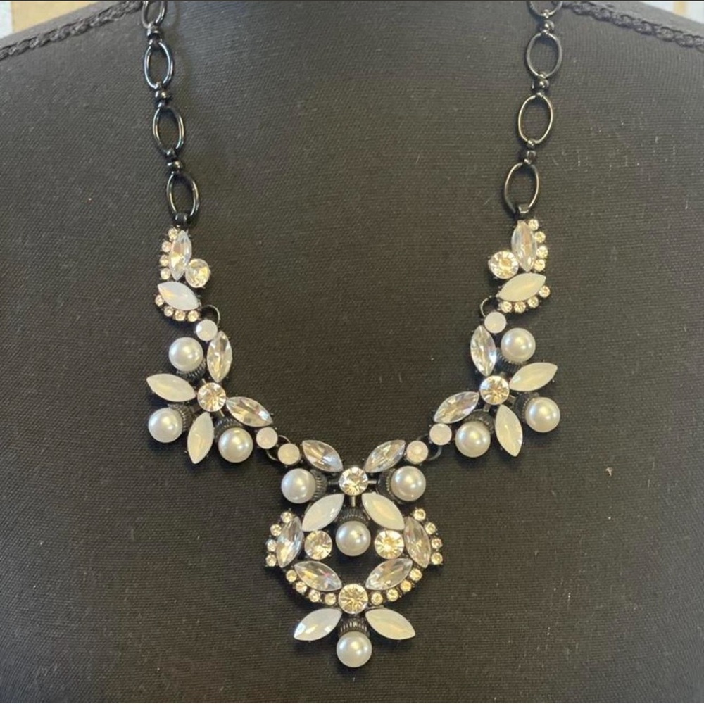 Crystal & Pearl Floral Statement Necklace in White and Black